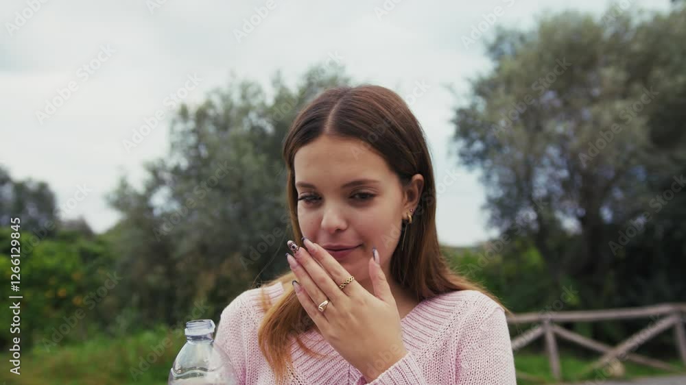 Girl Drinks Some Good Water Outside And Starts Coughing Because She Laughs Girl Drinks Some Good Water Outside And Starts Coughing Because She Laughs