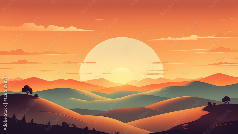 Obraz premium Vibrant sunset over rolling hills and mountains, illustrated in a stylized vector art style.