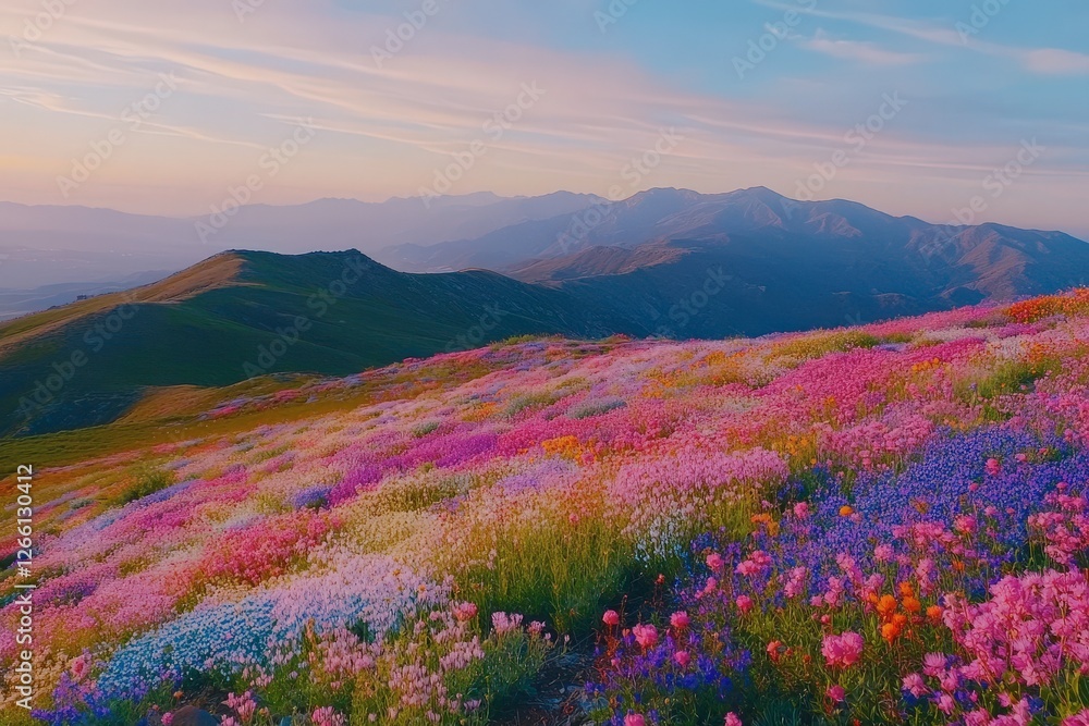 Fototapeta premium Vibrant wildflowers bloom in rolling hills at sunset near mountain ranges in springtime
