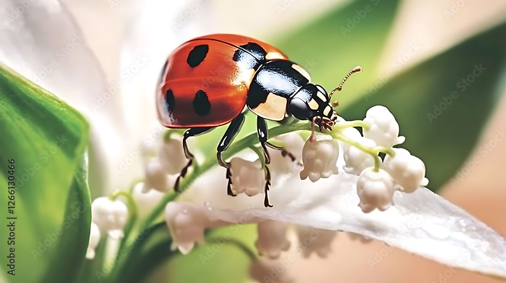 Fototapeta premium Stunning closeup of a ladybug perched on delicate lily of the valley blossoms. Vibrant colors and intricate details make this perfect for nature, spring, or insectthemed projects.