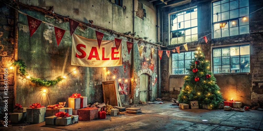 Naklejka premium Urban Exploration Festive New Year Sale Banner: Gifts & Decorations in Abandoned Building