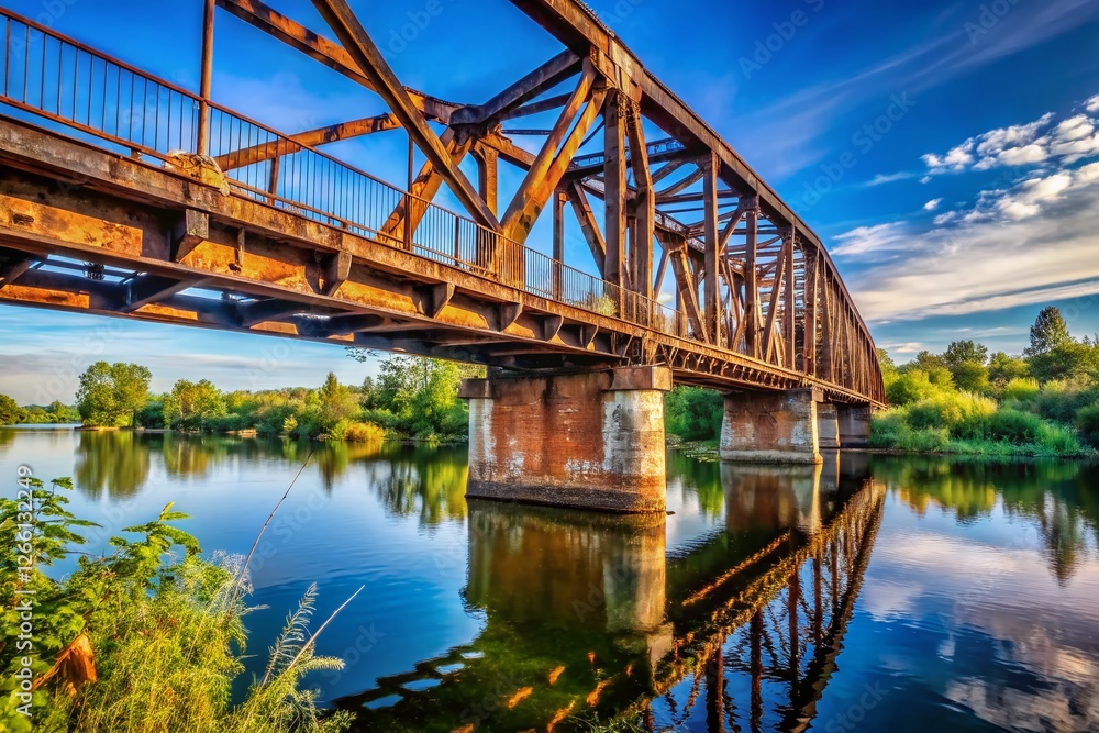 Urban Exploration: Rusty Bridge Over River, Clear Blue Sky - Stock Photo Urban Exploration: Rusty Bridge Over River, Clear Blue Sky - Stock Photo