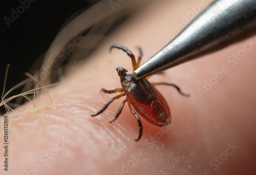 Tick being removed with tweezers, extreme close-up