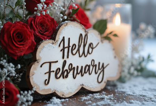 Hello February sign with red roses and candle