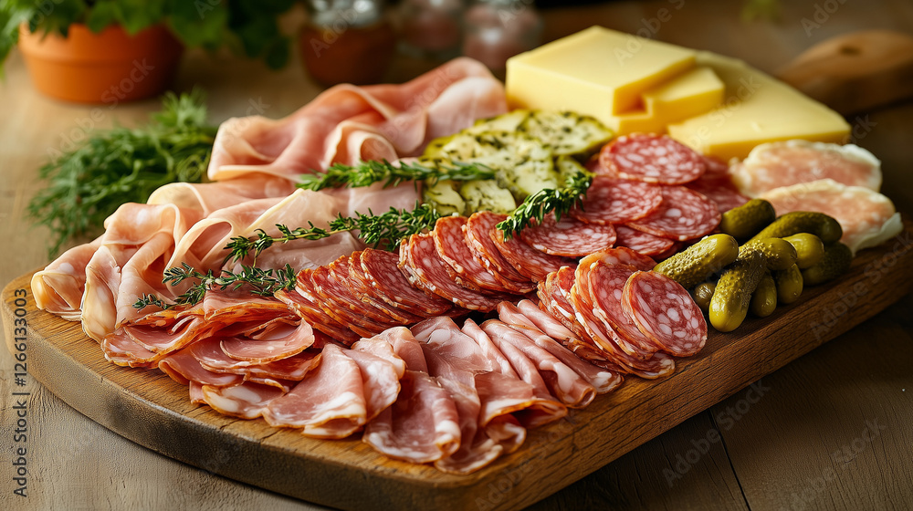 Brettljause with a variety of cured meats and cheese on a wooden board Brettljause with a variety of cured meats and cheese on a wooden board