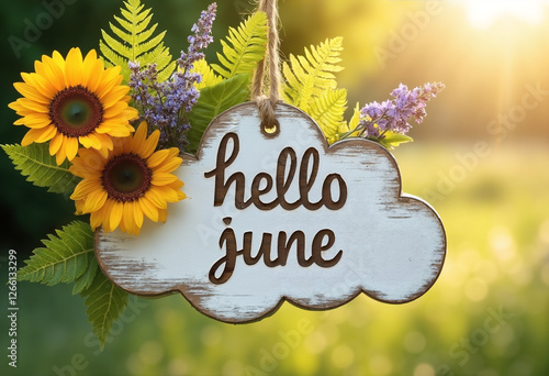 Rustic wooden sign with 'Hello June' surrounded by sunflowers and green foliage in a summer garden