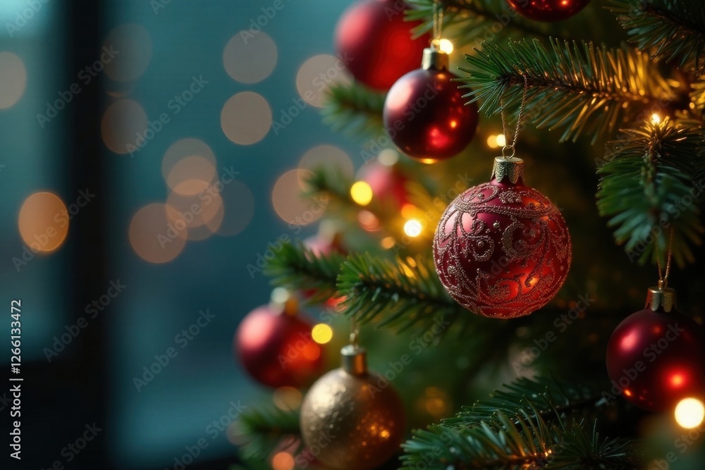 A Christmas tree with intricate ornaments and sparkling lights amidst a blurred background of shiny decorations, christmas tree, holiday ornaments, shiny objects A Christmas tree with intricate ornaments and sparkling lights amidst a blurred background of shiny decorations, christmas tree, holiday ornaments, shiny objects