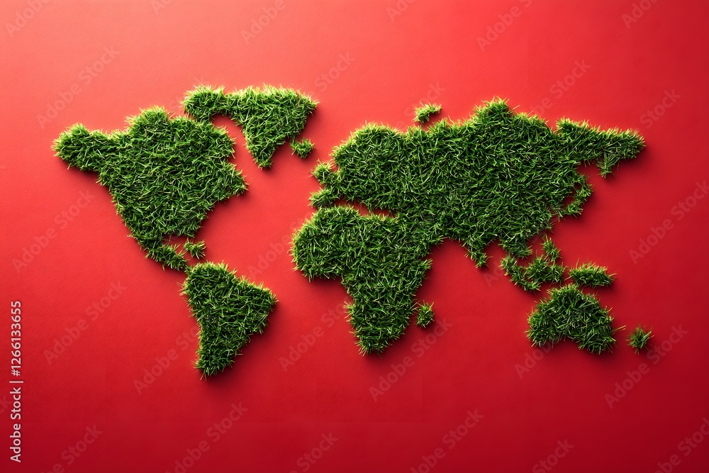 Grass World Map on Red Background