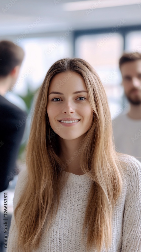 Smiling woman, office meeting, teamwork, background blur, professional portrait