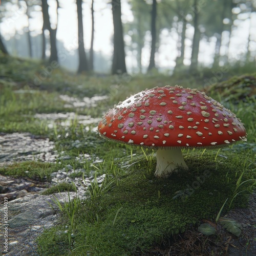 An enchanting close-up of a fly agaric mushroom, highlighted by its bright red cap and distinctive white spots. The mushroom radiates a gentle glow, imbuing it with a mystical aura photo