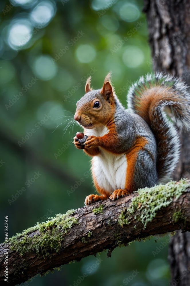 A squirrel perched on a branch, holding a nut, surrounded by a lush green background. A squirrel perched on a branch, holding a nut, surrounded by a lush green background.