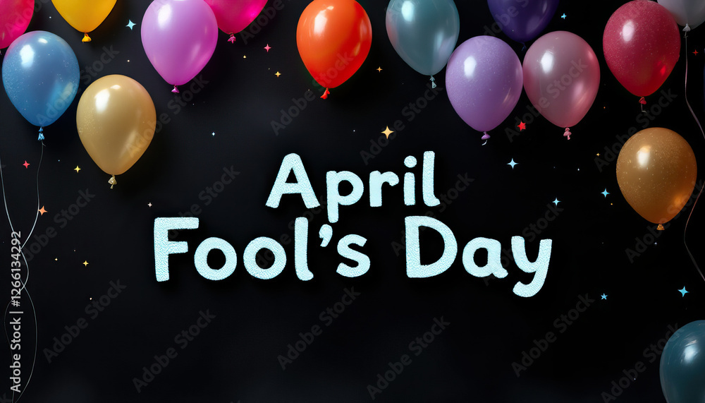 Colorful balloons hanging on black background with sparkling stars for festive april fool's day celebration concept Colorful balloons hanging on black background with sparkling stars for festive april fool's day celebration concept