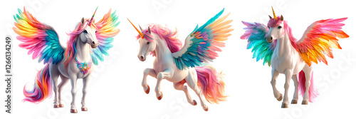 A set of stunning white unicorn with a rainbow mane and vibrant wings, standing gracefully on a transparent background. Its colorful wings and flowing mane create a magical and ethereal presence