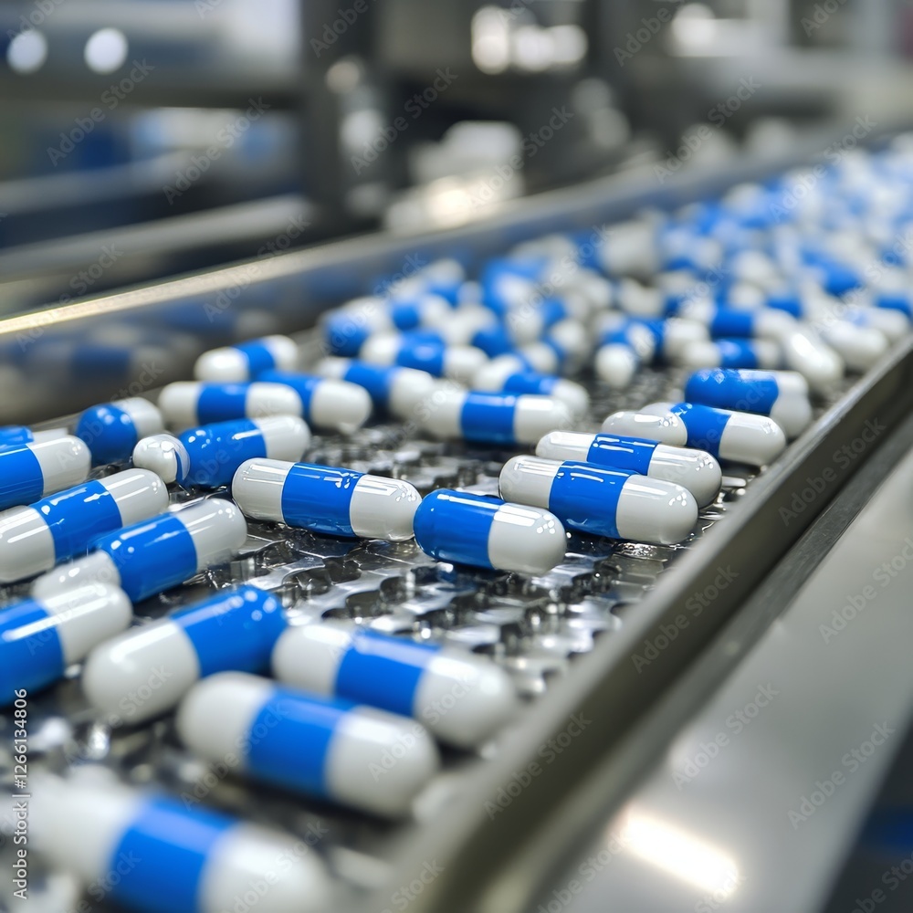 Fototapeta premium Manufacturing process of blue and white capsules on a production line in a pharmaceutical facility