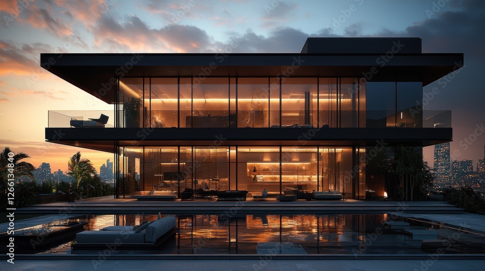 Fototapeta premium Modern Luxury Home with Infinity Pool at Sunset