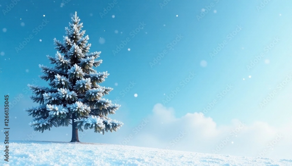 A lone snow-covered pine tree stands against a bright blue sky with a few scattered snowflakes and a hint of mist, blue christmas, winter, peaceful A lone snow-covered pine tree stands against a bright blue sky with a few scattered snowflakes and a hint of mist, blue christmas, winter, peaceful