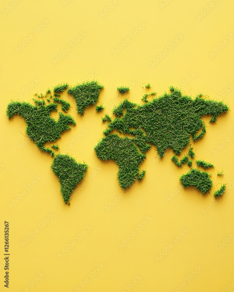 Grass World Map on Yellow Background Grass World Map on Yellow Background