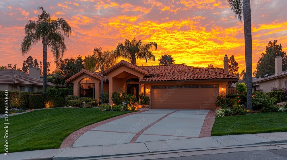 Naklejka premium Sunset illuminates a California home with palm trees