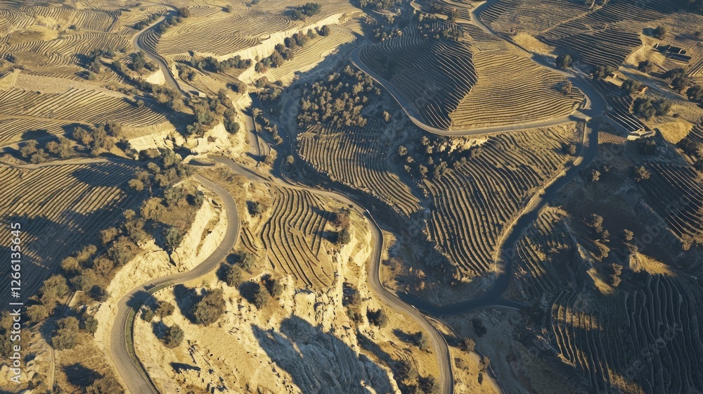Fototapeta premium Aerial view of winding roads through vineyards in a sunlit, arid landscape