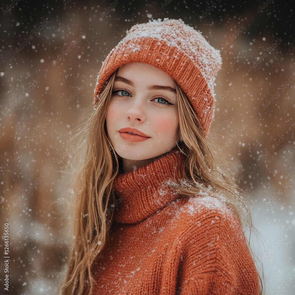Young woman in cozy sweater and hat surrounded by falling snow in a winter landscape Young woman in cozy sweater and hat surrounded by falling snow in a winter landscape