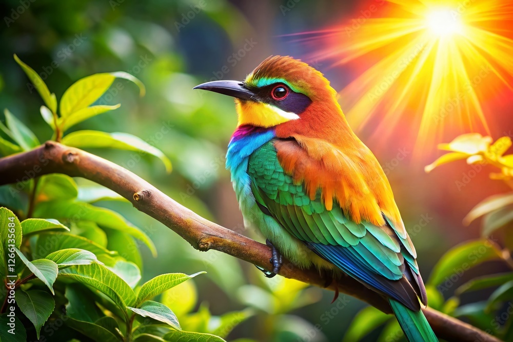 Obraz premium Vibrant Bird on Branch: Aerial View of Colorful Avian in Lush Treetop