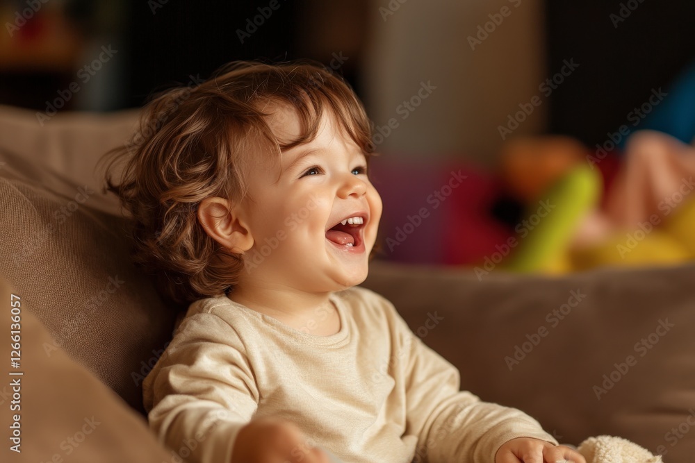 Happy child laughing on a cozy couch in a warm living room during a playful afternoon Happy child laughing on a cozy couch in a warm living room during a playful afternoon