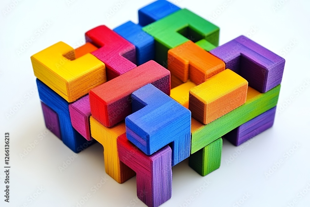 Colorful wooden puzzle blocks on white background, problem-solving game Colorful wooden puzzle blocks on white background, problem-solving game