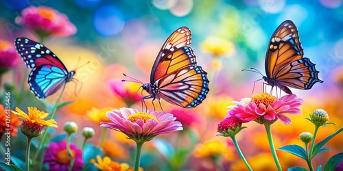 Vibrant Butterflies on Colorful Flowers: A Minimalist Nature Scene