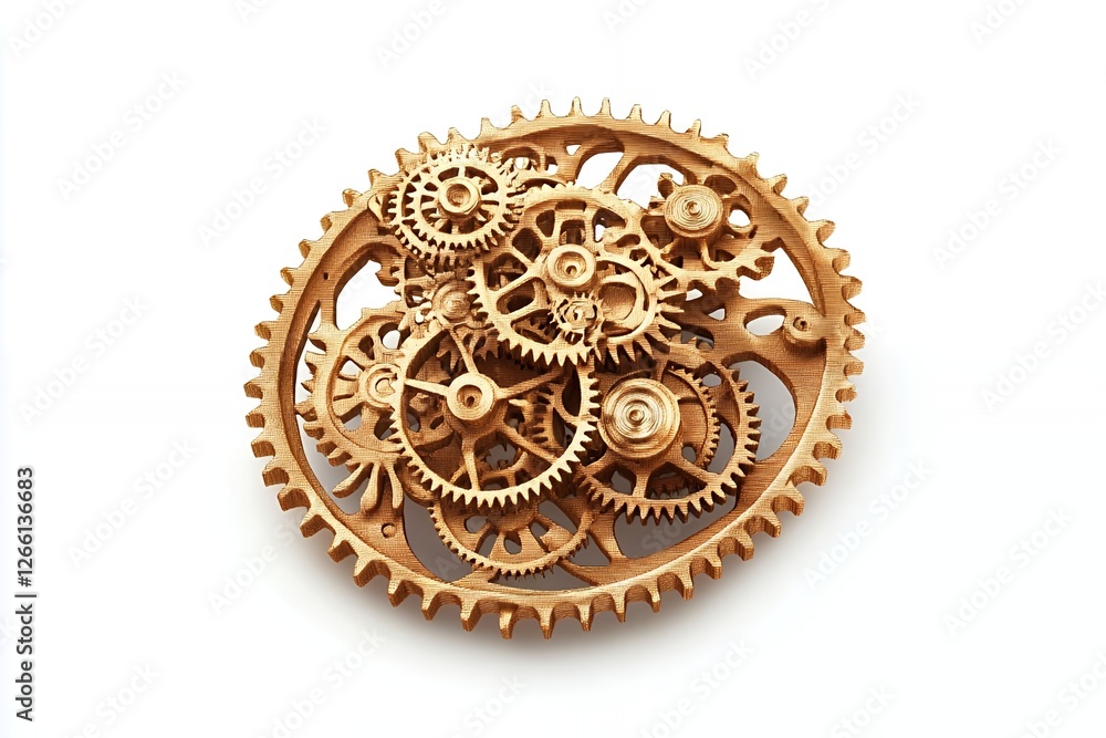 Golden gears mechanism, intricate clockwork, isolated background, technical illustration Golden gears mechanism, intricate clockwork, isolated background, technical illustration