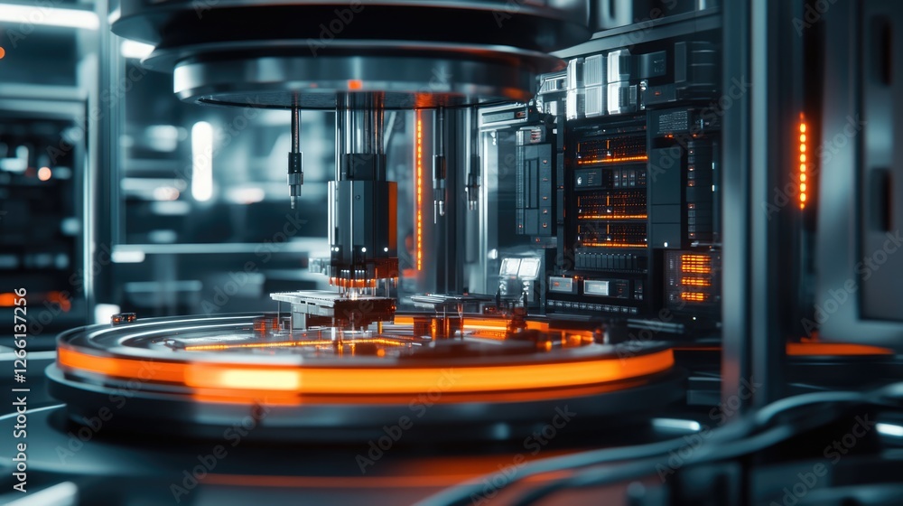 High-tech futuristic automated manufacturing process in a modern factory with advanced robotic arms and glowing orange lights. High-tech futuristic automated manufacturing process in a modern factory with advanced robotic arms and glowing orange lights.