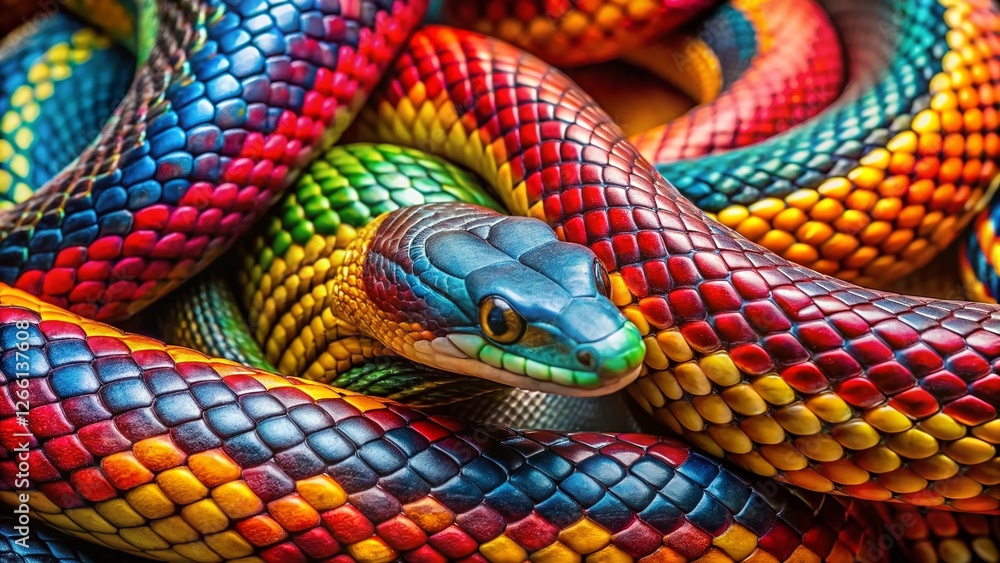 Fototapeta premium Vibrant Colorful Snake Close-Up Panoramic Background Stock Photo