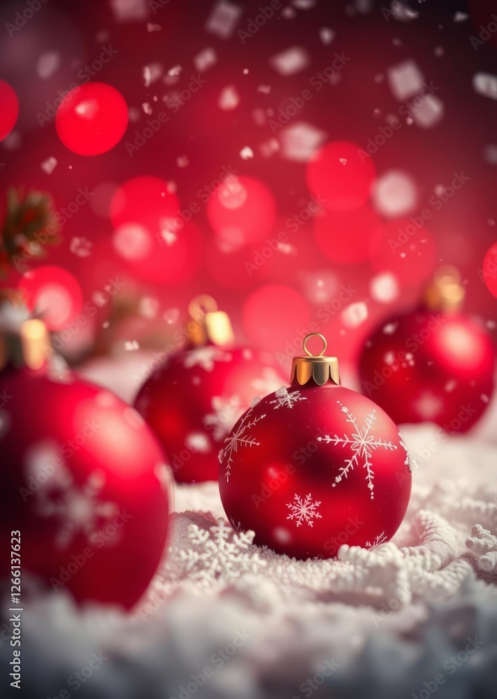 Christmas card - red baubles and snowflakes with snowfall bokeh red bokeh abstract background glow design light texture effect sparkle Christmas card - red baubles and snowflakes with snowfall bokeh red bokeh abstract background glow design light texture effect sparkle