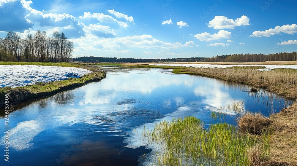 Serene river landscape with melting snow and fresh green grass under a clear blue sky on spring equinox day concept