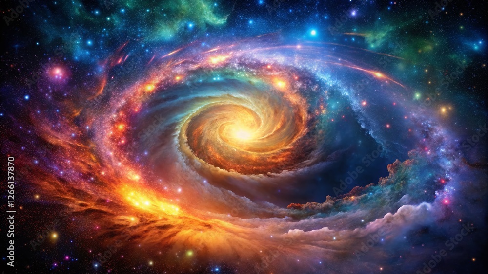 Obraz premium Vibrant Cosmic Nebula Swirl: Colorful Galaxy Space Art with Bokeh Effect