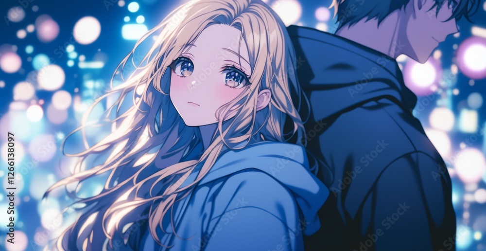 Beautiful Girl with Long Golden Hair in Blue Outfit Standing Next to Handsome Guy in Gray Hoodie on City Street Beautiful Girl with Long Golden Hair in Blue Outfit Standing Next to Handsome Guy in Gray Hoodie on City Street