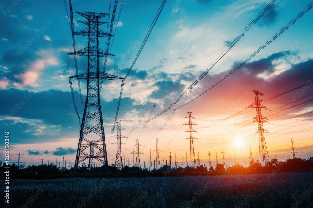 Electrical transmission towers stretch across a landscape under a sunset Electrical transmission towers stretch across a landscape under a sunset