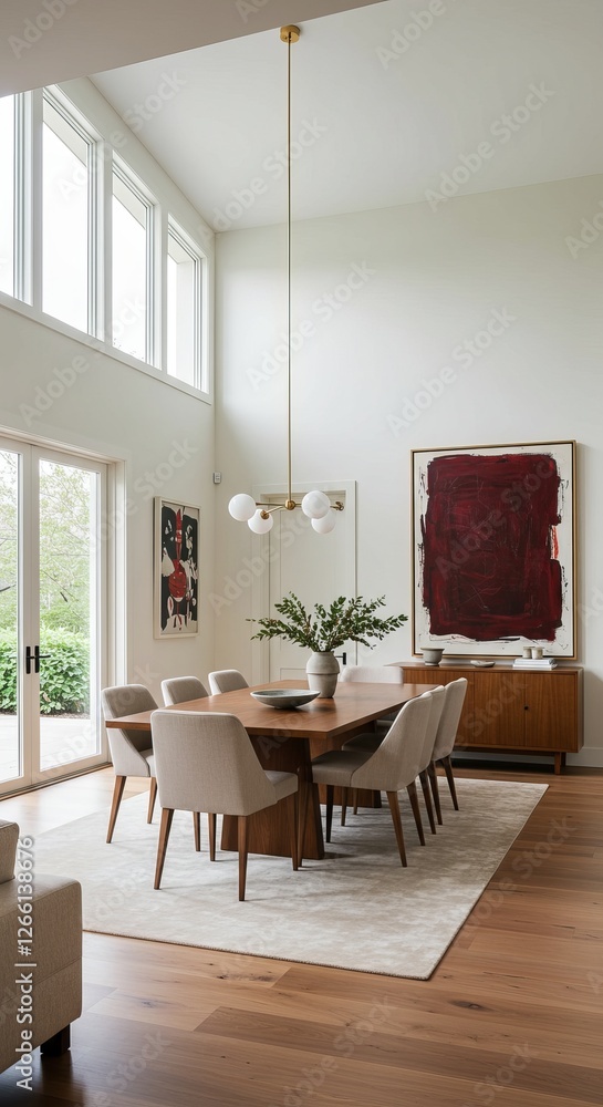 Fototapeta premium Modern dining room with mid-century decor and large windows for natural light