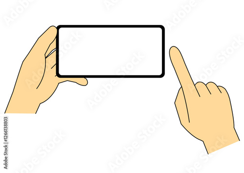 片手で横向きのスマートフォンを持つ手と操作する指のイラスト_主線あり
