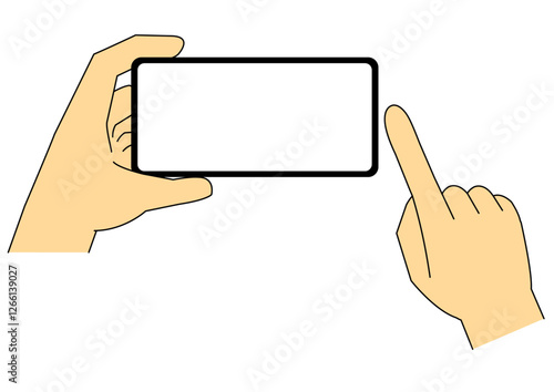 片手で横向きのスマートフォンを持つ手と操作する指のイラスト_2_主線あり
