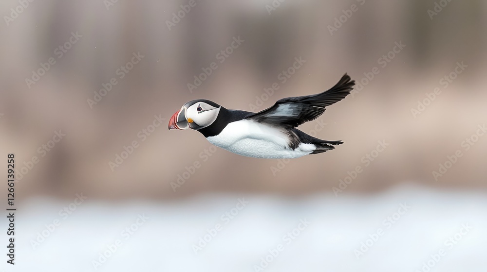 Atlantic puffin in flight over snowy landscape Atlantic puffin in flight over snowy landscape