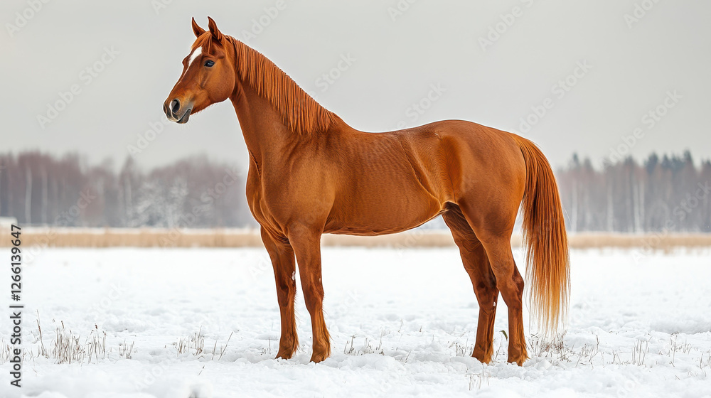 A serene scene of a pregnant chestnut horse standing gracefully in a snowy field on a crisp winter morning. A serene scene of a pregnant chestnut horse standing gracefully in a snowy field on a crisp winter morning.