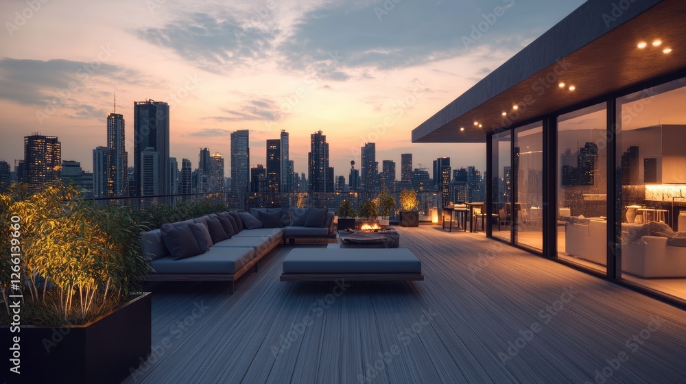 Obraz premium Luxury Penthouse Rooftop with City Skyline at Sunset