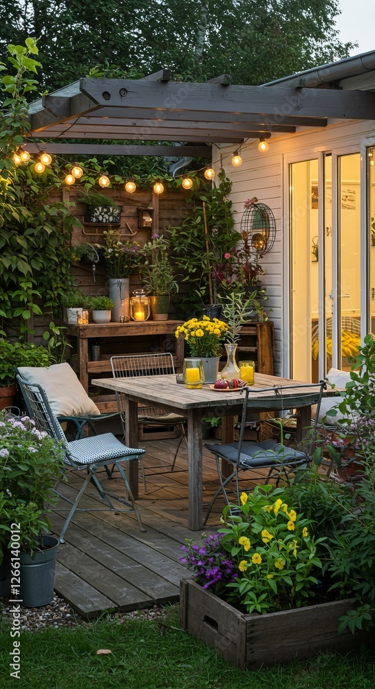 Fototapeta premium Cozy backyard patio with string lights and outdoor dining area surrounded by lush greenery