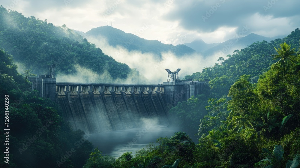 Fototapeta premium Misty Mountain Dam: A Serene and Powerful Structure