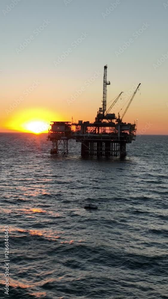 Aerial shot of an offshore oil platform at sunset. Vertical Video. Aerial shot of an offshore oil platform at sunset. Vertical Video.