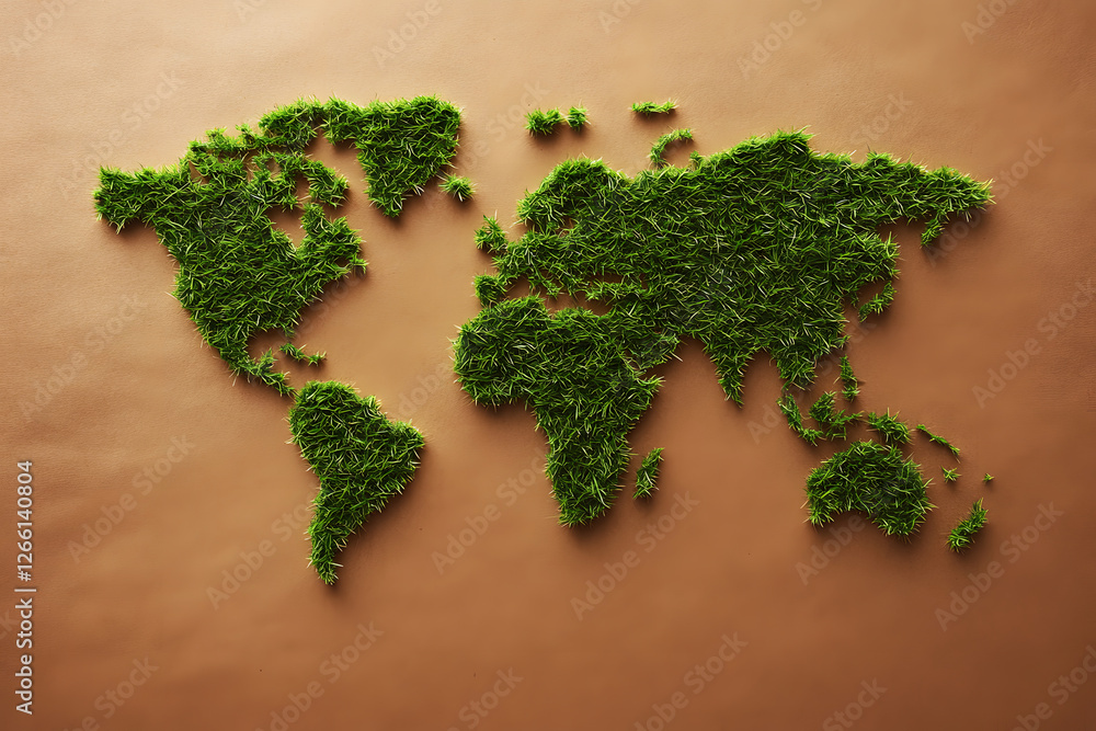Grass World Map on Brown Background Grass World Map on Brown Background
