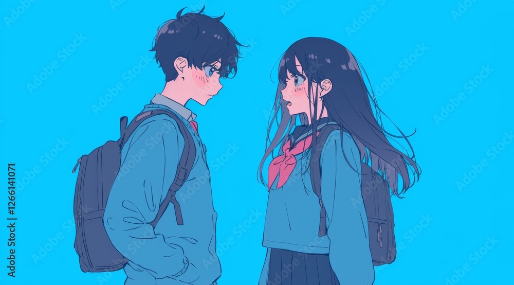 Schoolboy and Schoolgirl Talking in Blue-Toned Uniforms
Schoolboy and Schoolgirl Talking in Blue-Toned Uniforms