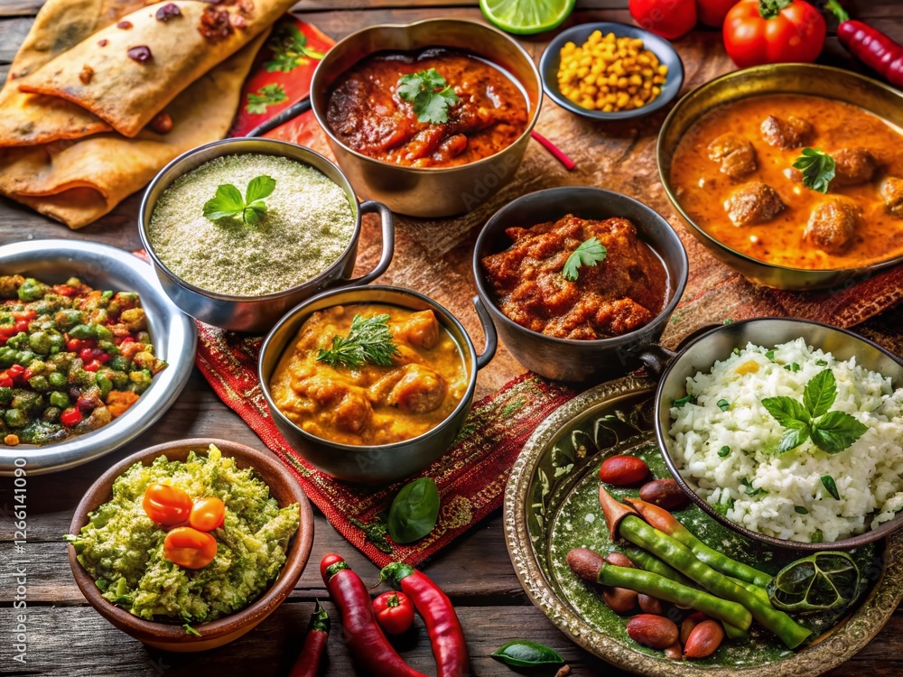 Vibrant Indian Food Feast on Colorful Rug - Stock Photo Vibrant Indian Food Feast on Colorful Rug - Stock Photo