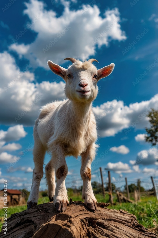 A playful goat stands atop a log against a backdrop of blue sky and fluffy clouds. A playful goat stands atop a log against a backdrop of blue sky and fluffy clouds.