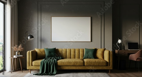 interior design, living room, yellow velvet sofa, green throw blankets, large blank canvas, minimalist decor, moody lighting, wooden side table, floor lamp, dark walls, cozy atmosphere, contemporary s photo